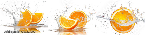 Half of a ripe orange fruit with orange juice splash water isolated on white background