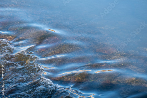 Detail of the fresh, transparent water flowing over the rocks in the background and forming small waves.