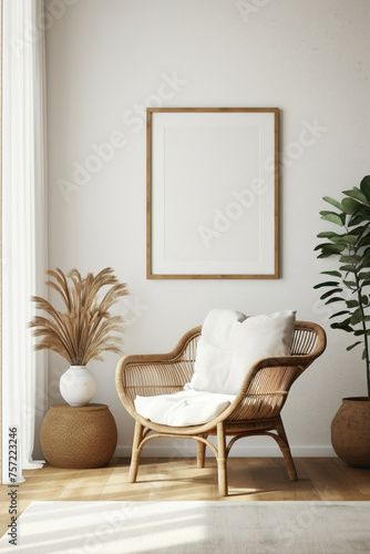 Enjoy the boho charm stylish living room, wicker chair, floor vases, and a blank mockup poster frame against a crisp white wall.