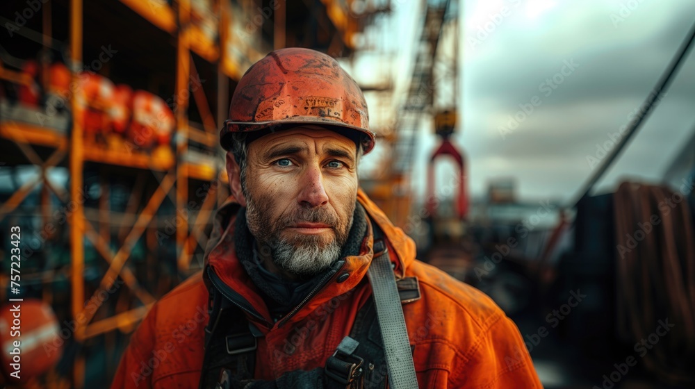 Against a backdrop of scaffolding and cranes, the maintenance worker is captured in a close-up shot, his rugged features illuminated by the morning sun as he prepares to tackle the day's tasks Against a backdrop of scaffolding and cranes, the maintenance worker is captured in a close-up shot, his rugged features illuminated by the morning sun as he prepares to tackle the day's tasks