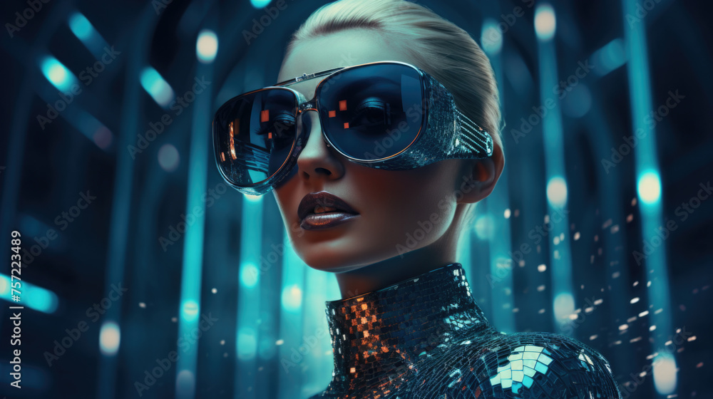 Woman in futuristic costume. Female in modern glasse. Neon blue light Woman in futuristic costume. Female in modern glasse. Neon blue light