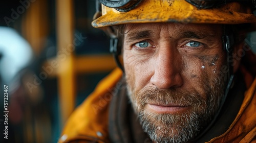 Against a backdrop of scaffolding and cranes, the maintenance worker is captured in a close-up shot, his rugged features illuminated by the morning sun as he prepares to tackle the day's tasks 