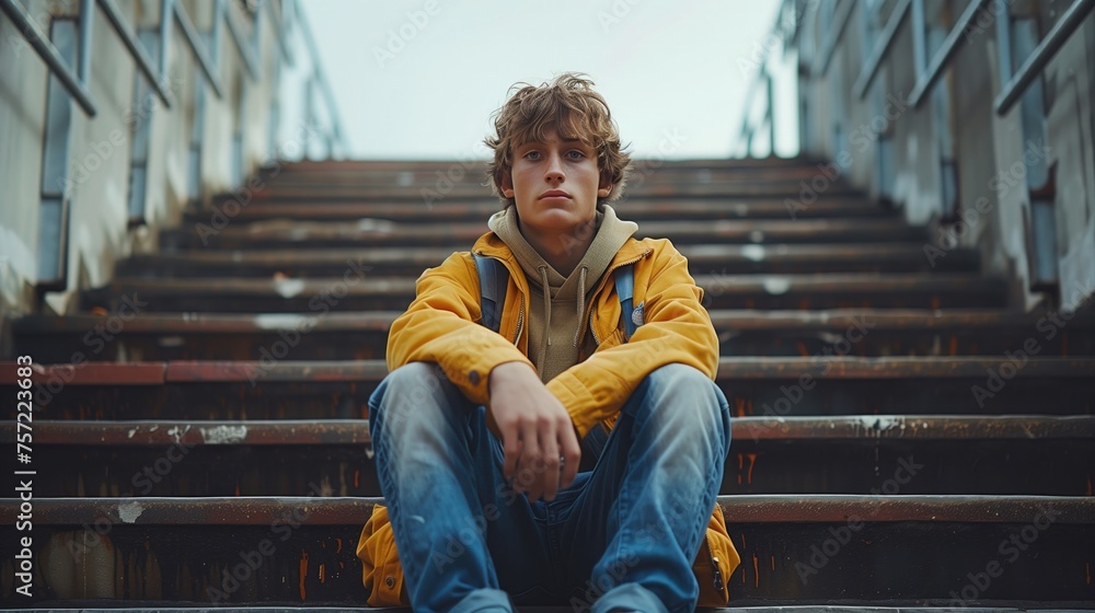 Depressed boy sitting alone at school stairs, Victim of school bullying, Stress and mental problems in childhood, teenager depression theme - obrazy, fototapety, plakaty 