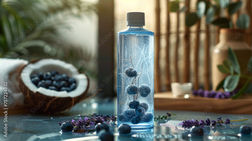A tranquil setting featuring a clear bottle with blueberries suspended in a liquid, illuminated by sunlight