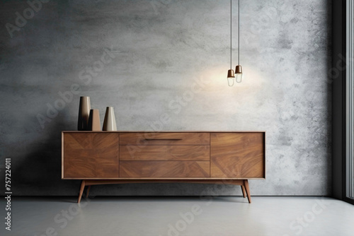 Elegant wooden cabinet and dresser against industrial concrete, mock-up frame. © Usman