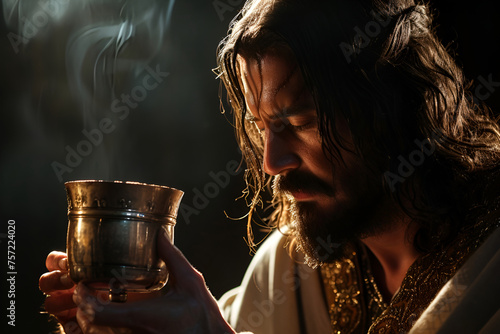 Jesus Christ holds the cup, presenting the sacrament of the Eucharist, act of holy communion