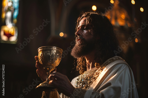 Jesus Christ holds the sacred cup, offering the sacrament of the holy communion photo