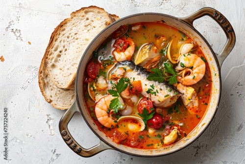 Gourmet Bouillabaisse Soup with Fresh Seafood and Roasted Bread