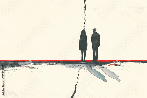 Torn Paper With Family Portrait, Couple Crisis Abstract Concept Illustration For Postcard