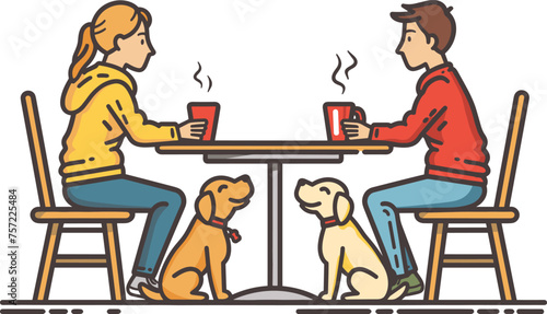 Boy and girl drinking hot drinks sitting at the table, with their dogs. Pet-friendly place for animal lovers, welcome to cafe, hotel, restaurant. Emotional support dog. Flat vector illustration.