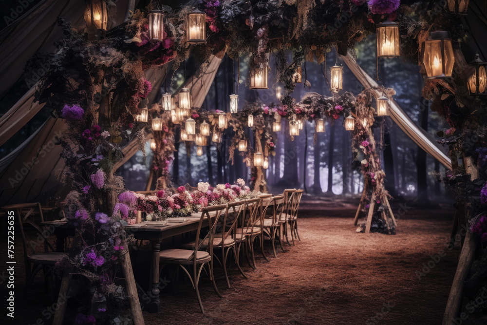 Romantic tent in the fantasy forest with flowers and lanterns.	Festive table with candles.