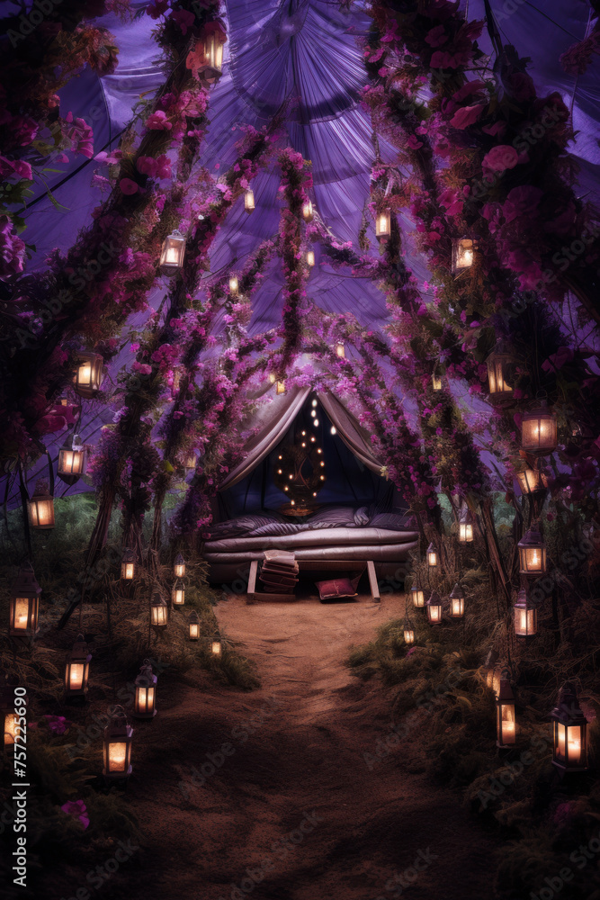 Romantic tent in the fantasy forest with flowers and lanterns.	