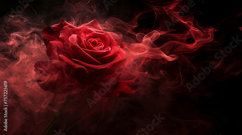rose wrapped in red smoke swirl on black background. generative ai 