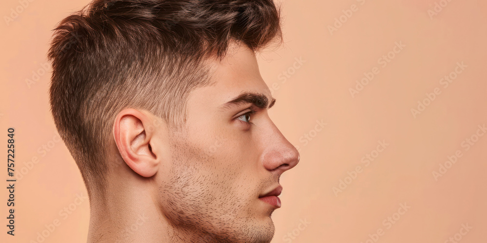 Obraz premium Young Man Profile View, Detailed Portrait, Attractive Male, Modern Style, banner with copy space