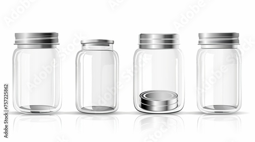 Decorative mockup of an empty glass jar and metal lid. Blank kitchen package mockup with realistic modern illustration of transparent clear close container with silver cap.