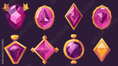 Cartoon modern illustration of progress steps in the growth of jewelry emblem rewards or achievement symbols.