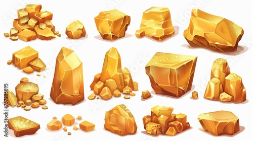 Cartoon modern illustration set of yellow glossy shining treasure rock. Precious metal blocks for game UI design. Three gold mine nugget piles of different sizes - small, medium, and large.