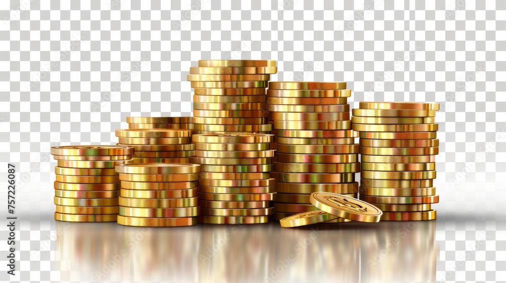 A 3D stack of gold coins on a transparent background with a realistic ...