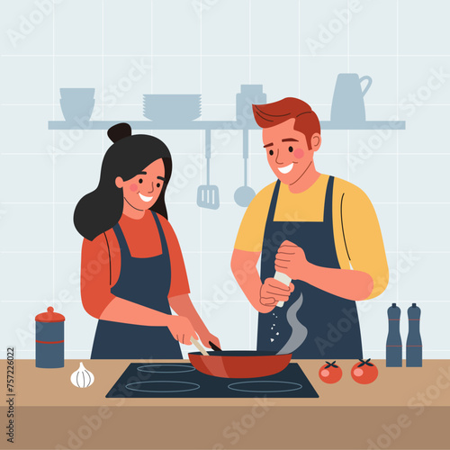 Happy couple cooking together in the kitchen.Vector flat style cartoon illustration