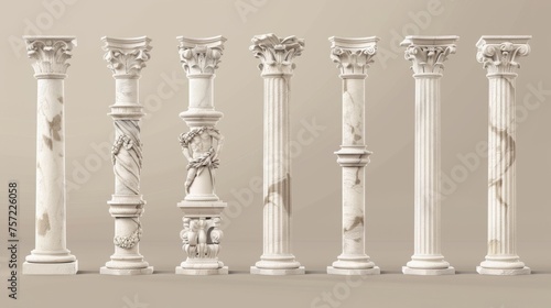 An antique roman column made from white clay. A realistic 3D modern illustration of a Greek stone pillar of a temple building. An antique marble colonnade for a historical construction decorative