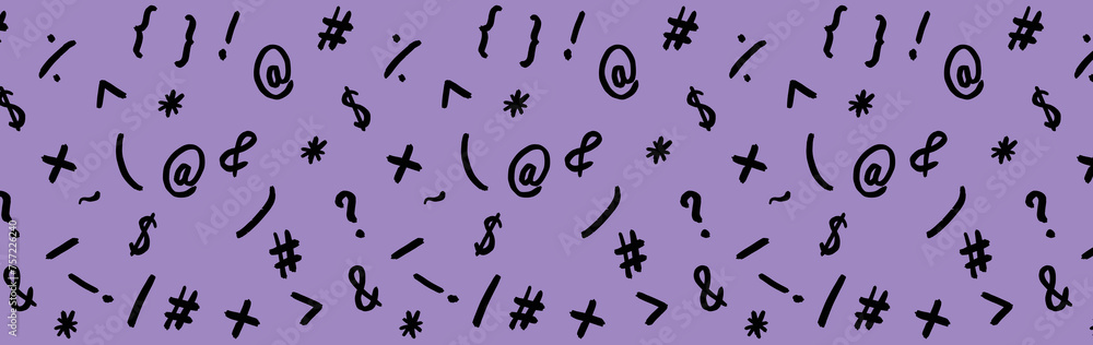 pattern with the image of keyboard symbols. Punctuation marks. Template for applying to the surface. pastel violet background. Keyboard symphony. Horizontal image. Banner for insertion into site. pattern with the image of keyboard symbols. Punctuation marks. Template for applying to the surface. pastel violet background. Keyboard symphony. Horizontal image. Banner for insertion into site.
