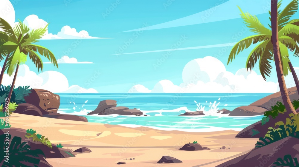 Beach landscape with calm blue water, sand and rocks, palm trees and clouds. Cartoon modern of a sunny day at the beach. Empty tropical coastline.