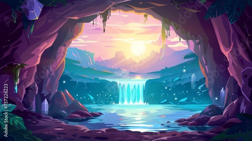 Cartoon deep landscape with a view through an entrance or hole in a stone cavern on water under the moonlight. Underground cave with river or lake, waterfalls, and gemstone crystals.