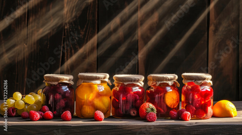 Jars filled with different types of fruit neatly lined up in a row