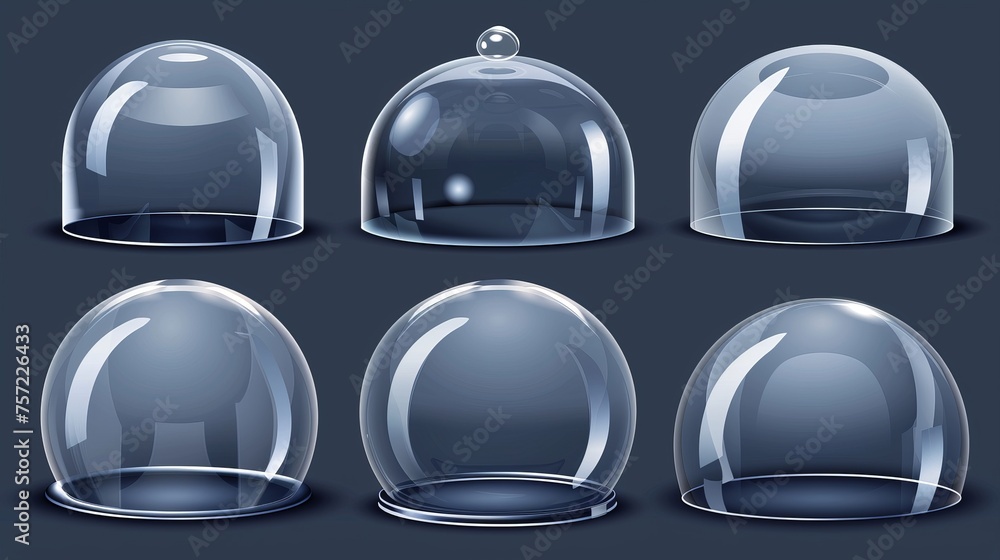 Realistic modern illustration of glossy plastic protect bubble shield of ball and cylinder shape. Plexiglass empty jar container. Empty crystal showcase. Realistic modern illustration of glossy plastic protect bubble shield of ball and cylinder shape. Plexiglass empty jar container. Empty crystal showcase.