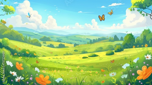The scene is a vista of green grass on hills  trees  and bushes with butterflies flying above. The sky is filled with fluffy white clouds and the sky is blue.
