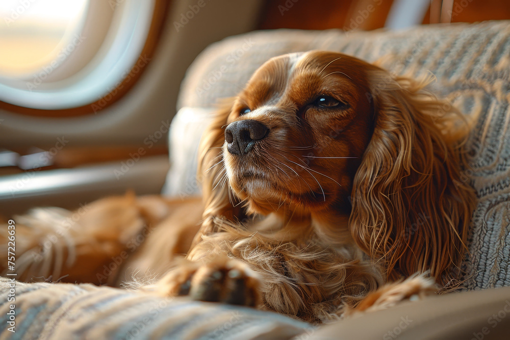 Relaxed Cocker Spaniel on Leather Airplane Seat