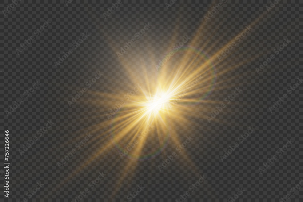 Sunlight, special lens flare effect. Flash with the effect of light rays. On a transparent background.