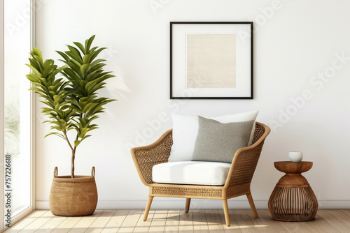 Explore the bohemian elegance of a stylish living room with a wicker chair, floor vases, and a blank mockup poster frame against a clean white backdrop.