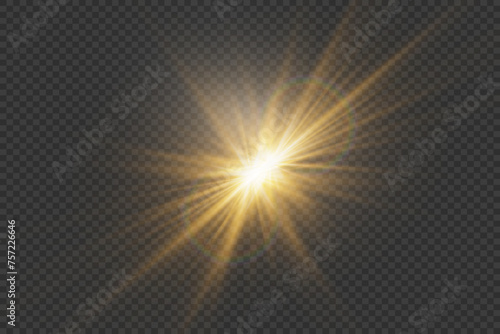 Sunlight, special lens flare effect. Flash with the effect of light rays. On a transparent background.