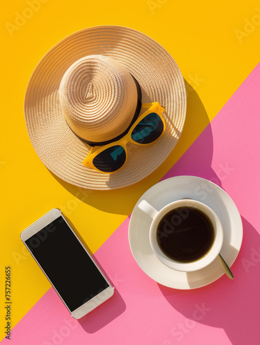 Female summer vacation set on yellow and pink background. Hat, phone and cup of black coffee. Flatlay