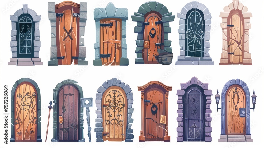 An abandoned medieval wooden door set isolated on white background. Modern cartoon illustration of dusty stone porch, cobwebs and a locked gate with an iron doorknob. - obrazy, fototapety, plakaty 