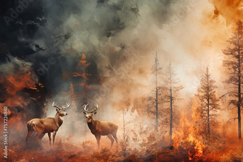A deer stands in front of a raging forest fire, highlighting the environmental threat posed by wildfires © Anoo