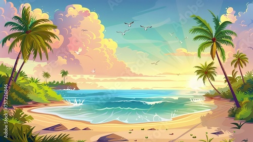 The beach of a summer island in the sea with exotic palm trees, lianas and green grass, waves washing the coastline, and birds flying in a sunset sky surrounded by clouds. Modern cartoon illustration