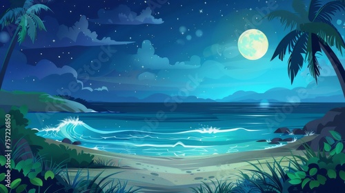 Summer night beach on an island in the sea with exotic palm trees, lianas, green grass, ocean waves washing the shore, stars and a blue sky.