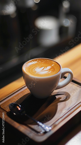 tasse de café venant juste d'être servi avec un motif de fleur en latte art