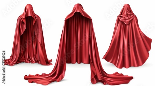 Isolated on white background, red superhero cloak. Modern realistic illustration of silk cloth drapery flying in the wind, halloween costume mantle, textile curtain for home interior design, satin