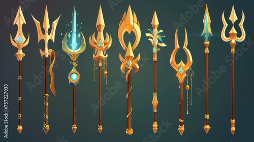 Creating an UI level rank design for Neptune or Poseidon with a golden trident. A cartoon modern illustration set of fantasy metallic spears with pitchforks at various stages of decoration and
