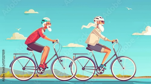 Bicyclists in their retirement doing sport or traveling. Cartoon modern set of happy smiling old people riding bikes outside. © Mark
