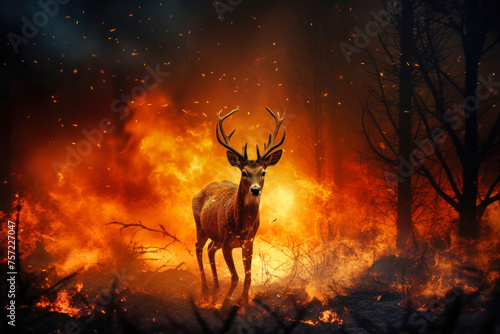 A deer stands in front of a forest engulfed in flames, symbolizing the impact of wildfires on wildlife and the environment