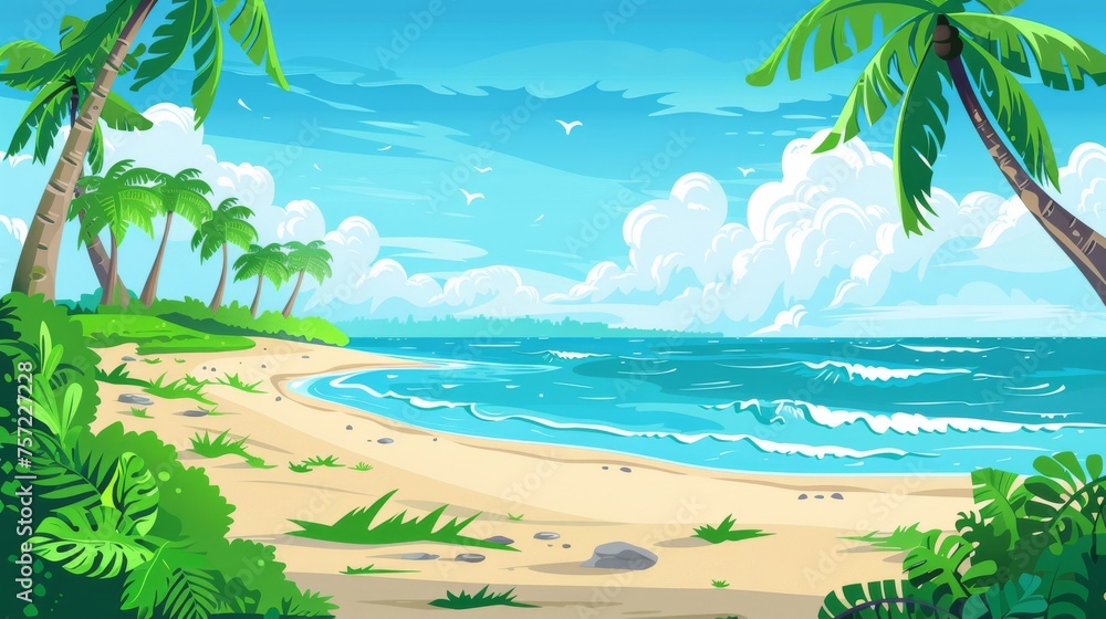 An idyllic summer island landscape with lianas, palm trees, and waves washing the coast. Blue sky with clouds is depicted in the background.