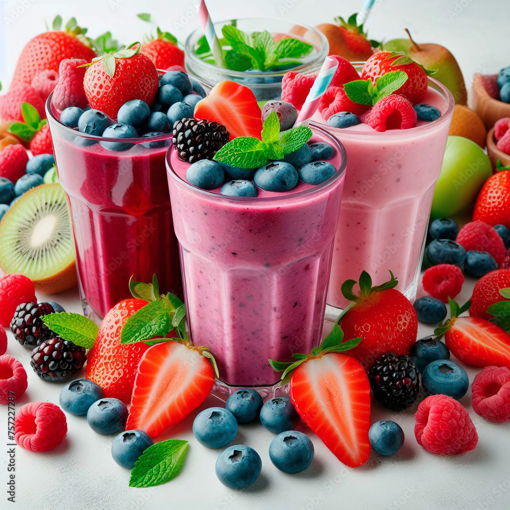 Fruit smoothies in glasses with fresh berries. Selective focus. Fruit smoothies in glasses with fresh berries. Selective focus.