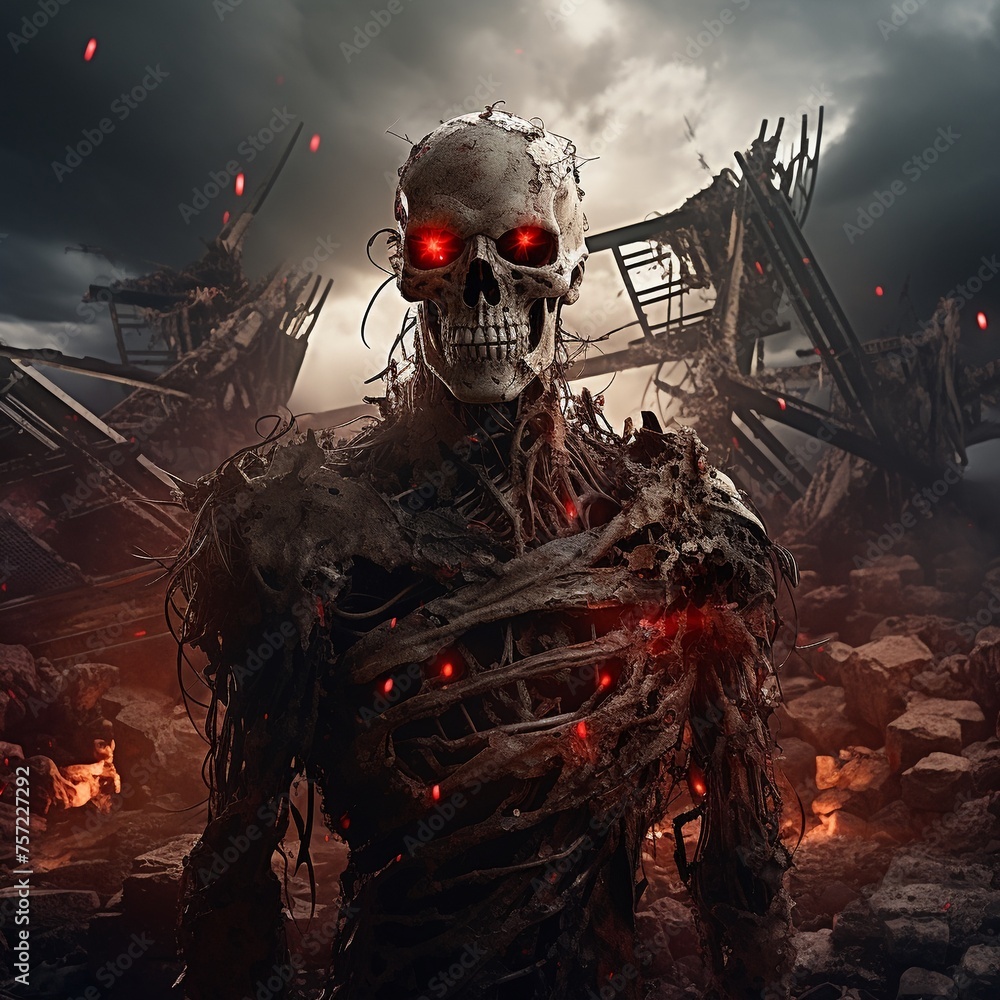 A surreal representation of a skeleton with glowing red eyes against the backdrop of a war-ravaged setting - obrazy, fototapety, plakaty 