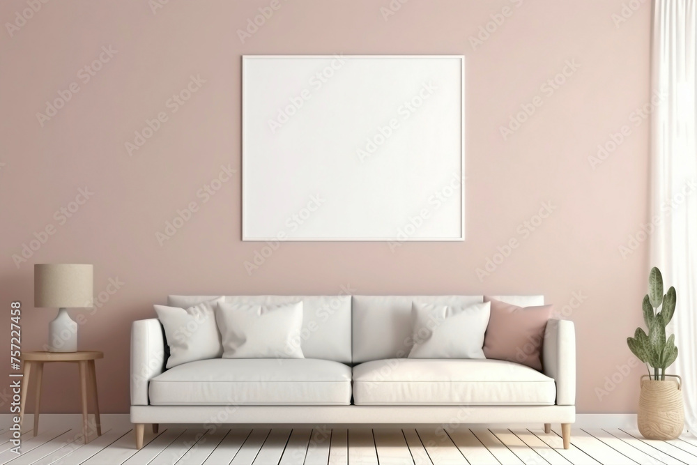Experience the harmony of a beige and Scandinavian sofa accompanied by a white blank empty frame for copy text, against a soft color wall background. Experience the harmony of a beige and Scandinavian sofa accompanied by a white blank empty frame for copy text, against a soft color wall background.