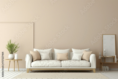 Experience the harmony of a beige and Scandinavian sofa accompanied by a white blank empty frame for copy text, against a soft color wall background. © Usman