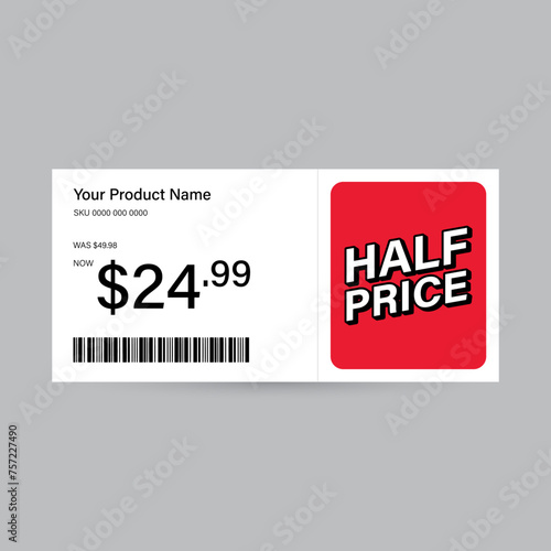 Price tag label design with promo half price discount also with product name, sku number, price and barcode. perfect for retail market or product display tag